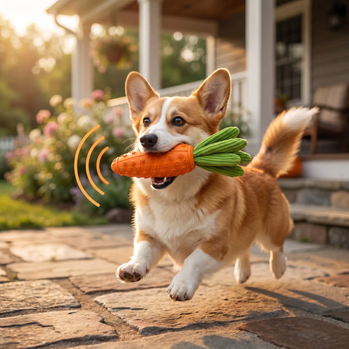 Pawsome Carrot Cruncher™ Lifestyle - Dog Biting Squeaky Toy